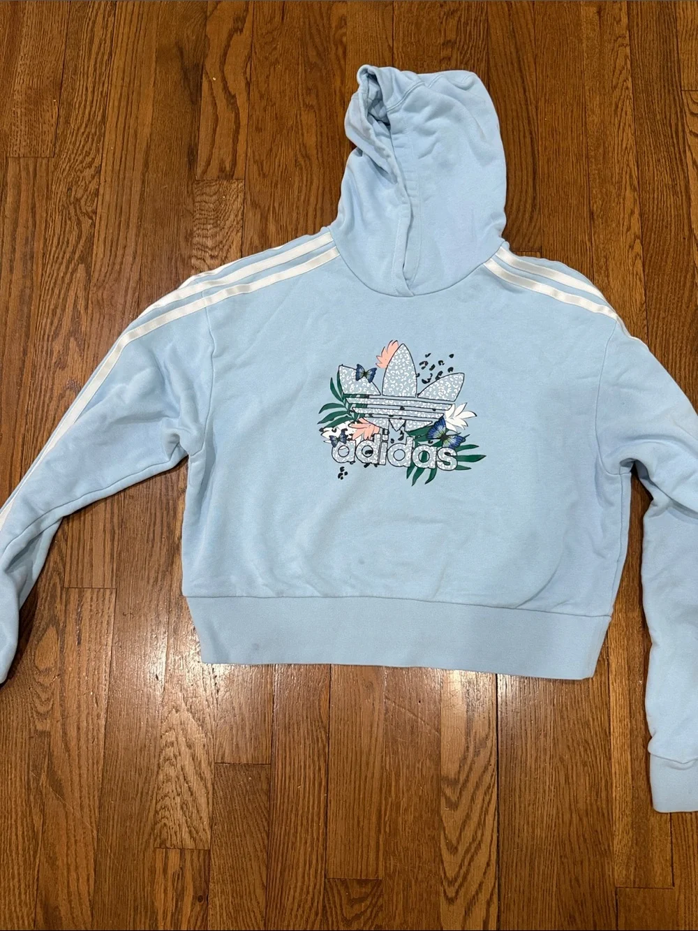 Girls adidas Light Blue Cropped Hoodie with Floral Trefoil, Size L